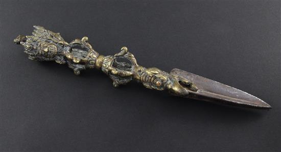 A bronze Tibetan ritual phurba dagger, 11in.